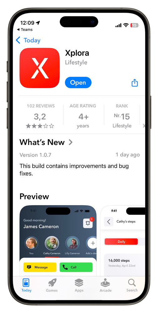 A smartphone displaying the Xplora Lifestyle app on the App Store, with the app's store page visible inside the phone screen.