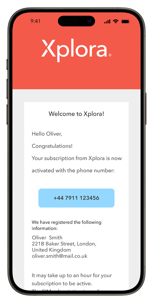 A smartphone mockup displaying the Xplora app on screen. The phone has a black bezel and a white-on-orange app interface with a welcome message, a blue phone number button, and registered contact details.